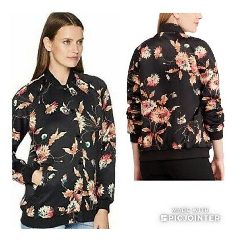 Chaps Black Floral Snap Front Satin Bomber Jacket